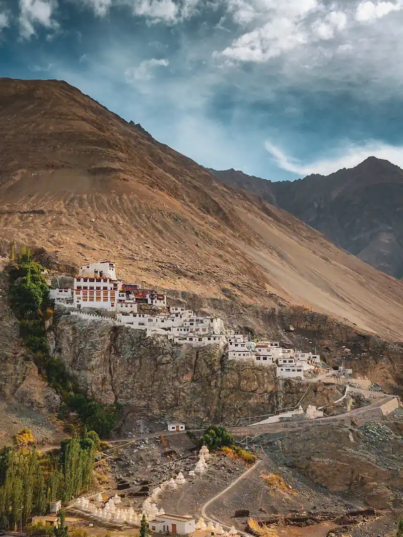 A monastery above a river valley in Ladakh.